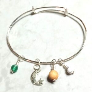 Silver Charm Oval Bangle Bracelet with Moon, Star and Beads